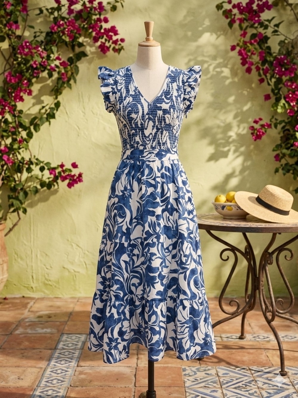 NWT Nicole Miller Blue & White Floral V‑Neck Smocked Midi Dress